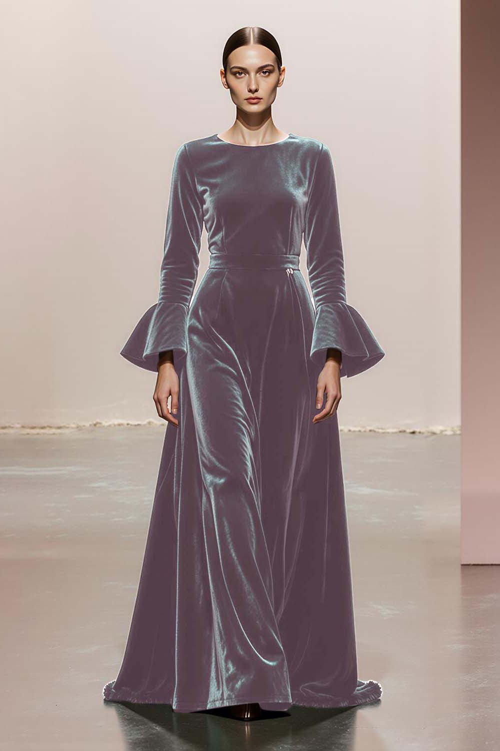 Dark Green A-Line Round Neck Long Velvet Evening Dress with Sleeves