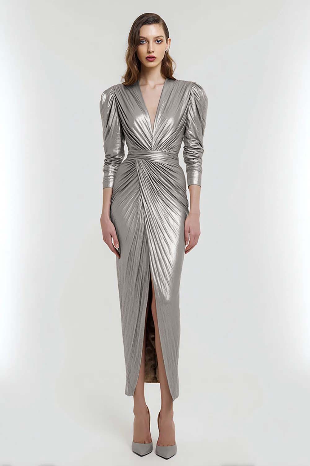 Light Gold V-Neck Sheath Metallic Long Evening Dress with Sleeves