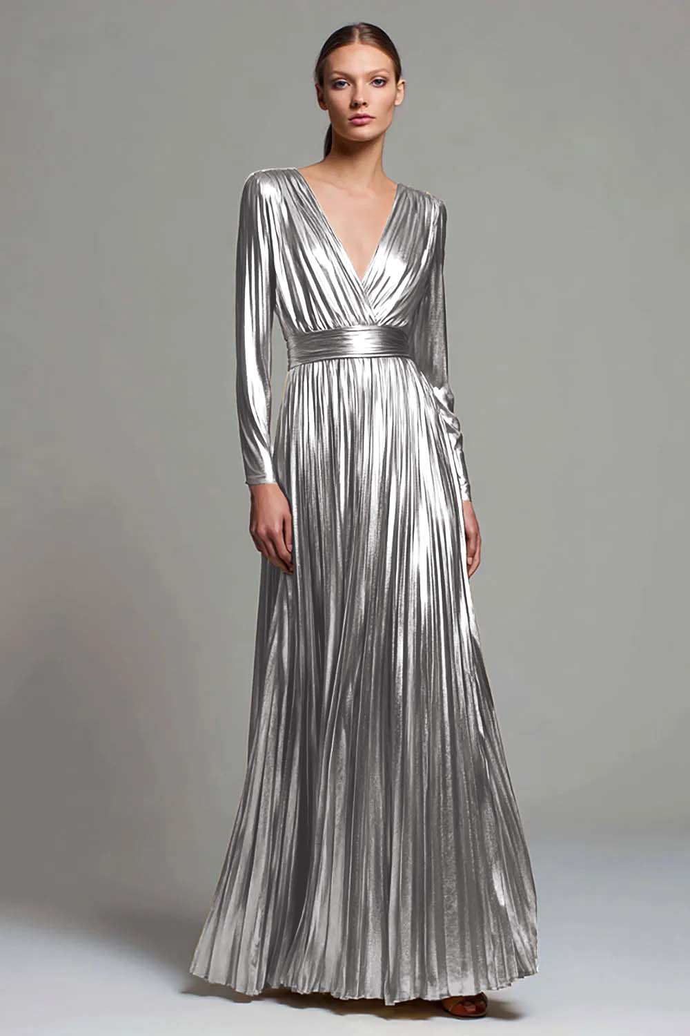 Metallic Gold Pleated V-Neck A-Line Long Sleeve Holiday Party Dress
