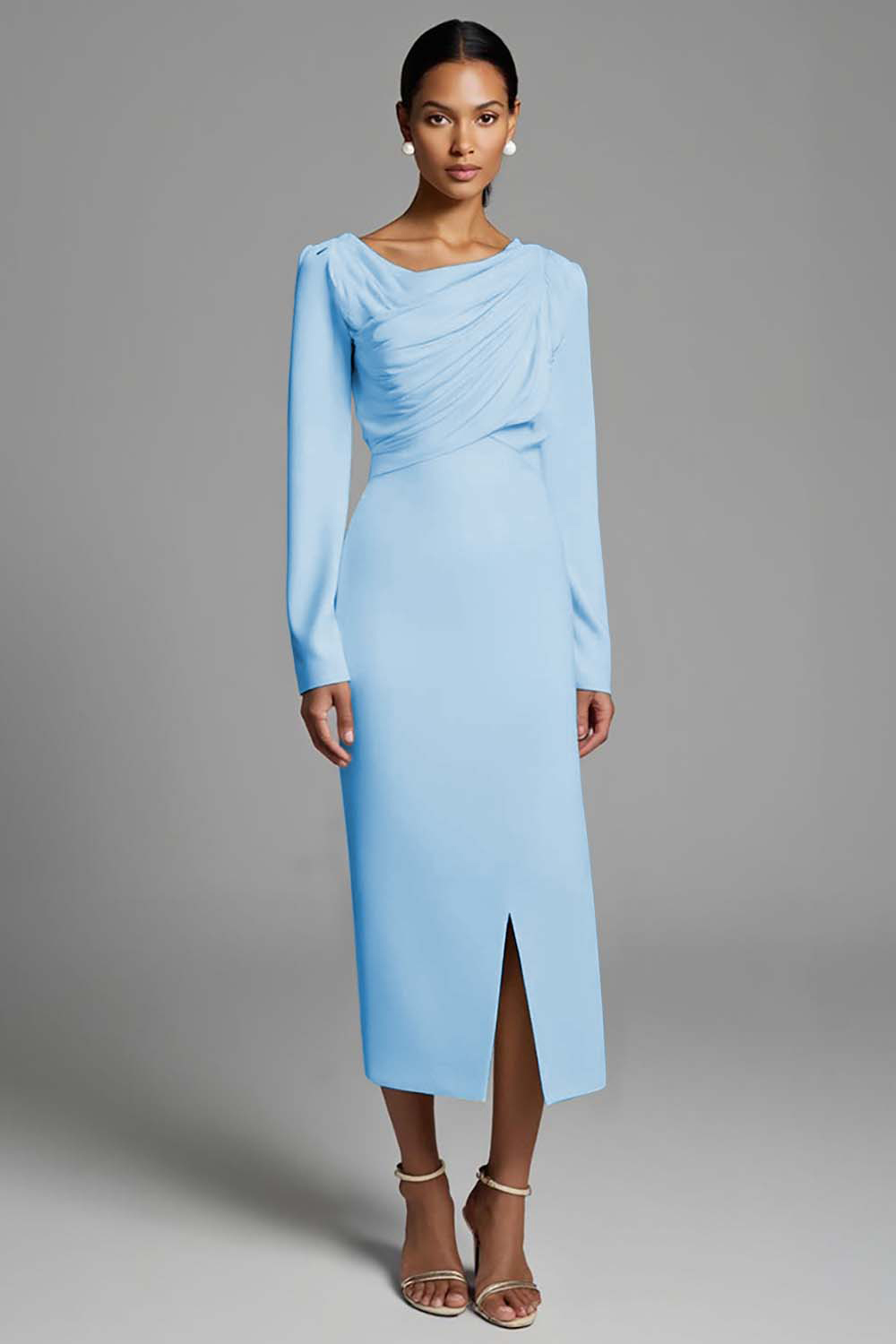 Ivory Ruched Sheath Long Sleeves Work Dress with Slit