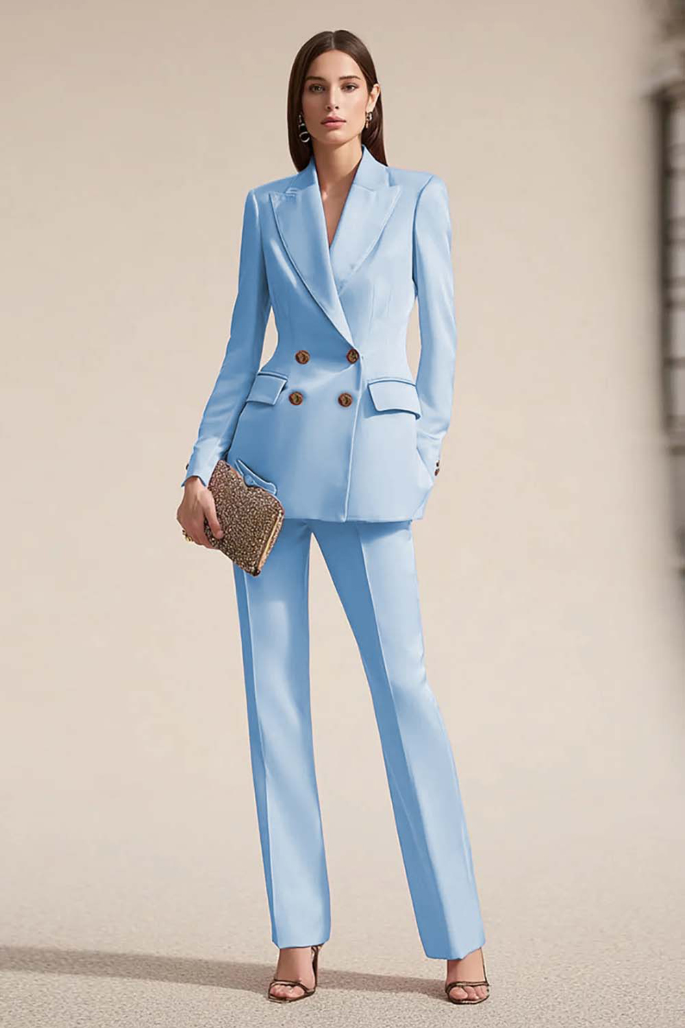 2 Piece Pink Peak Lapel Satin Business Suits with Sleeves