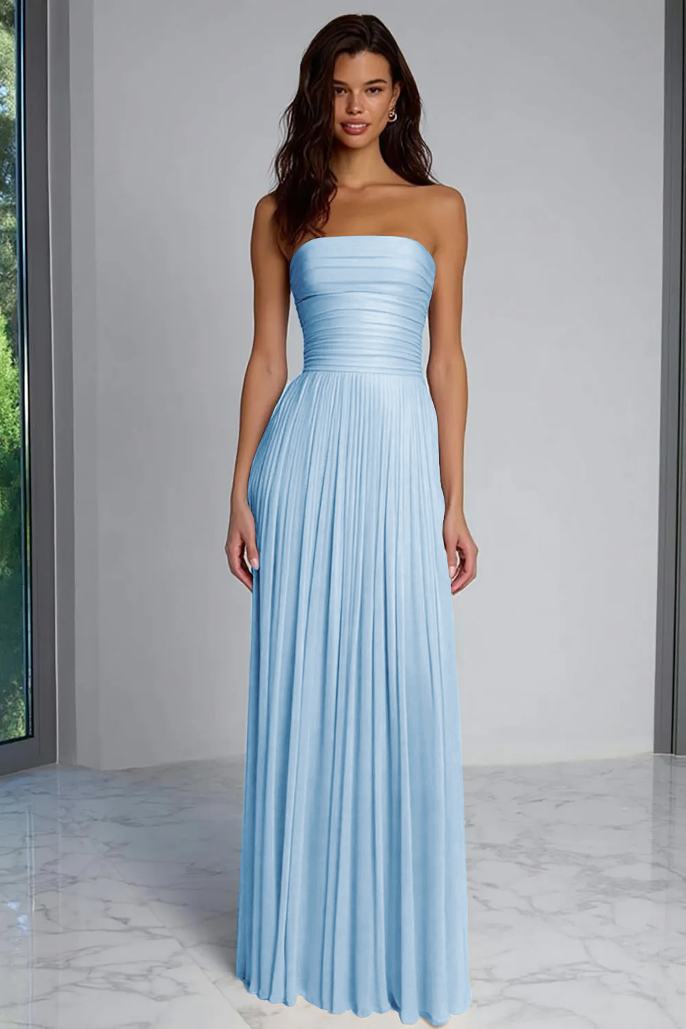 Champagne Sheath Strapless Pleated Long Wedding Guest Dress
