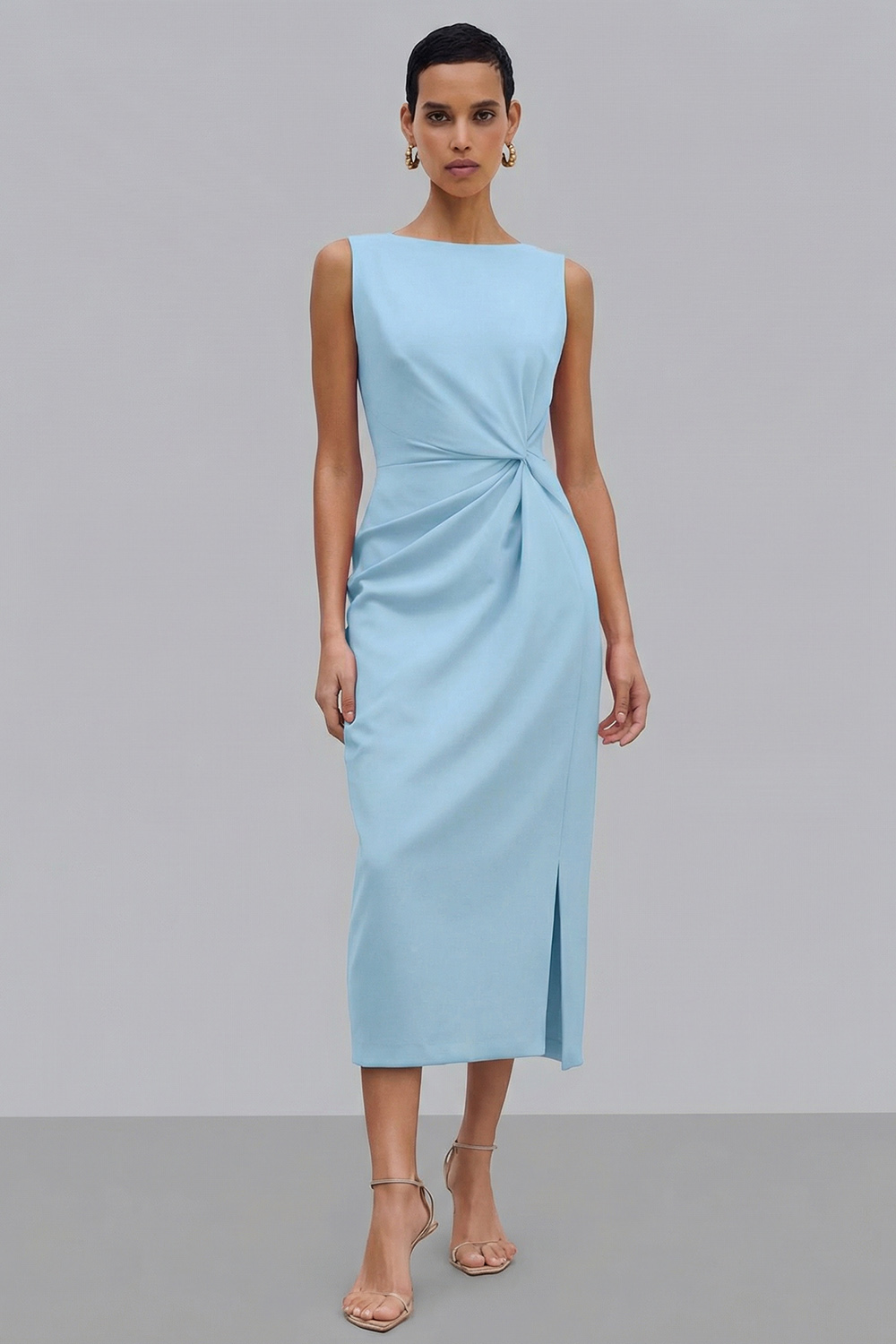 Orange Ruched Bateau Neck Midi Pencil Work Dress with Slit