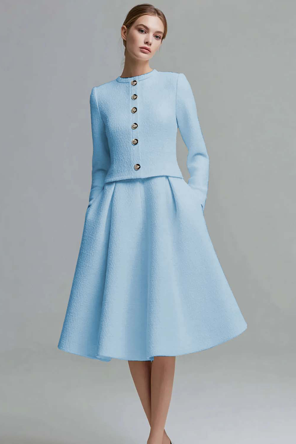 2 Piece Ivory Tweed Midi Homecoming Outfits with Buttons