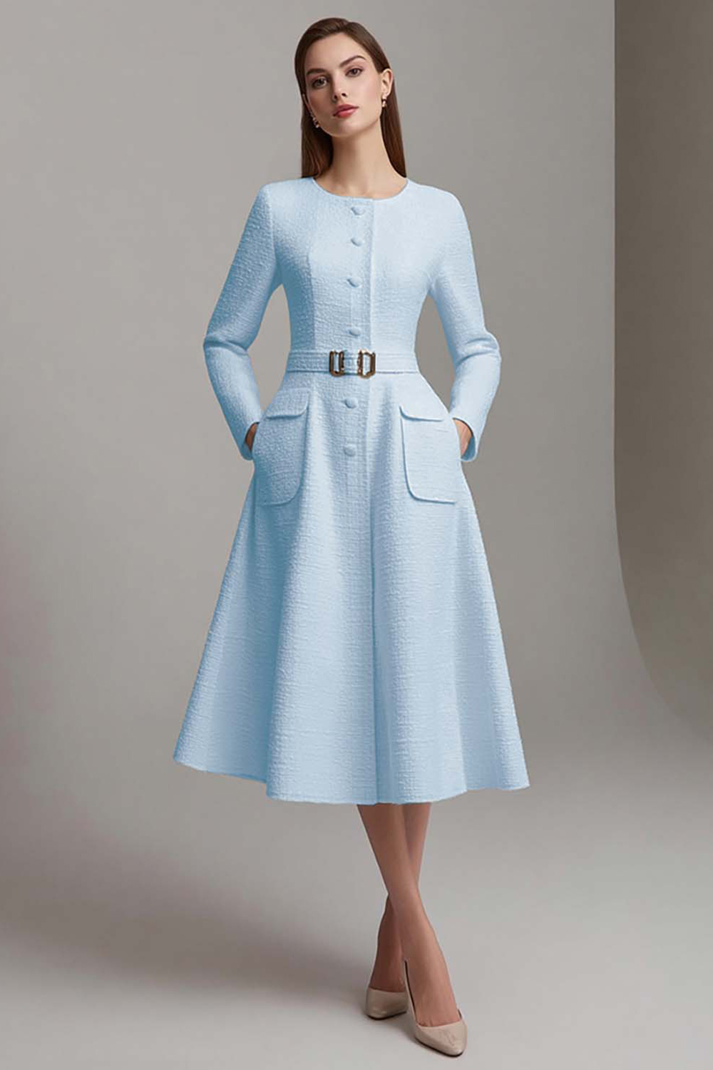 Ivory A Line Boat Neck Midi Tweed Homecoming Outfits with Belts