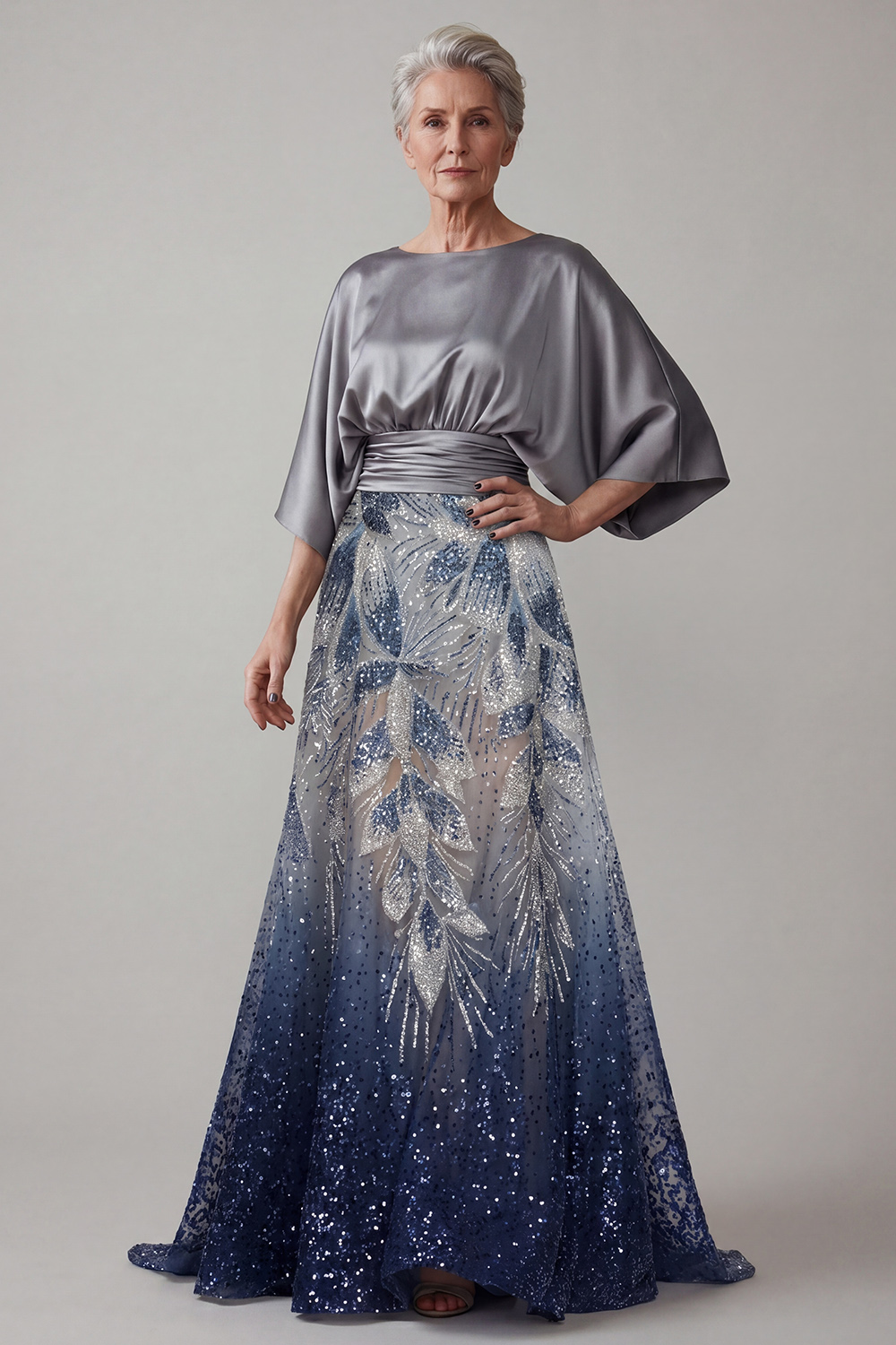 Sparkly Navy Beaded Boat Neck A Line Long Evening Dress