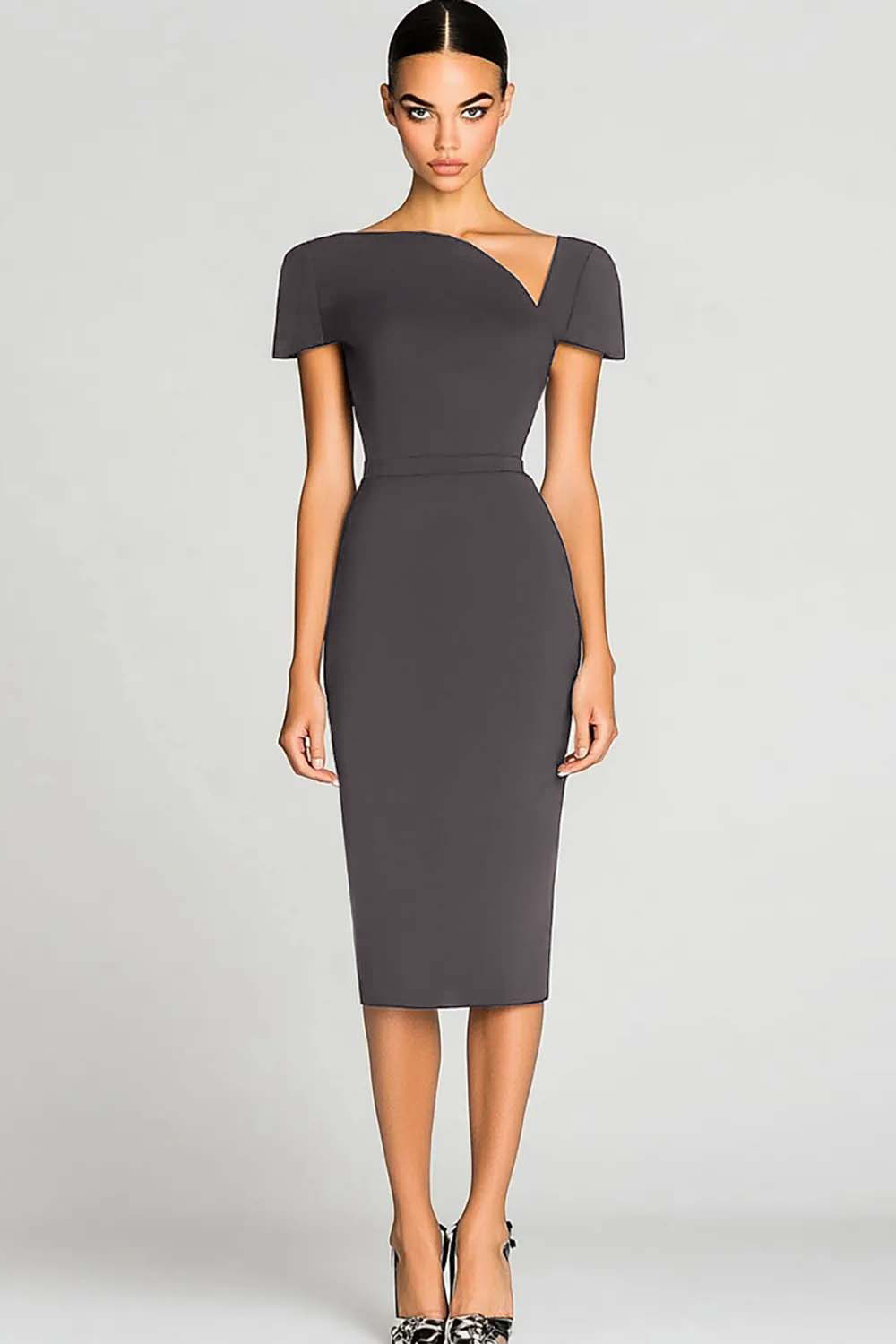 Black Bodycon Asymmetrical Neck Midi Work Dress with Sleeves