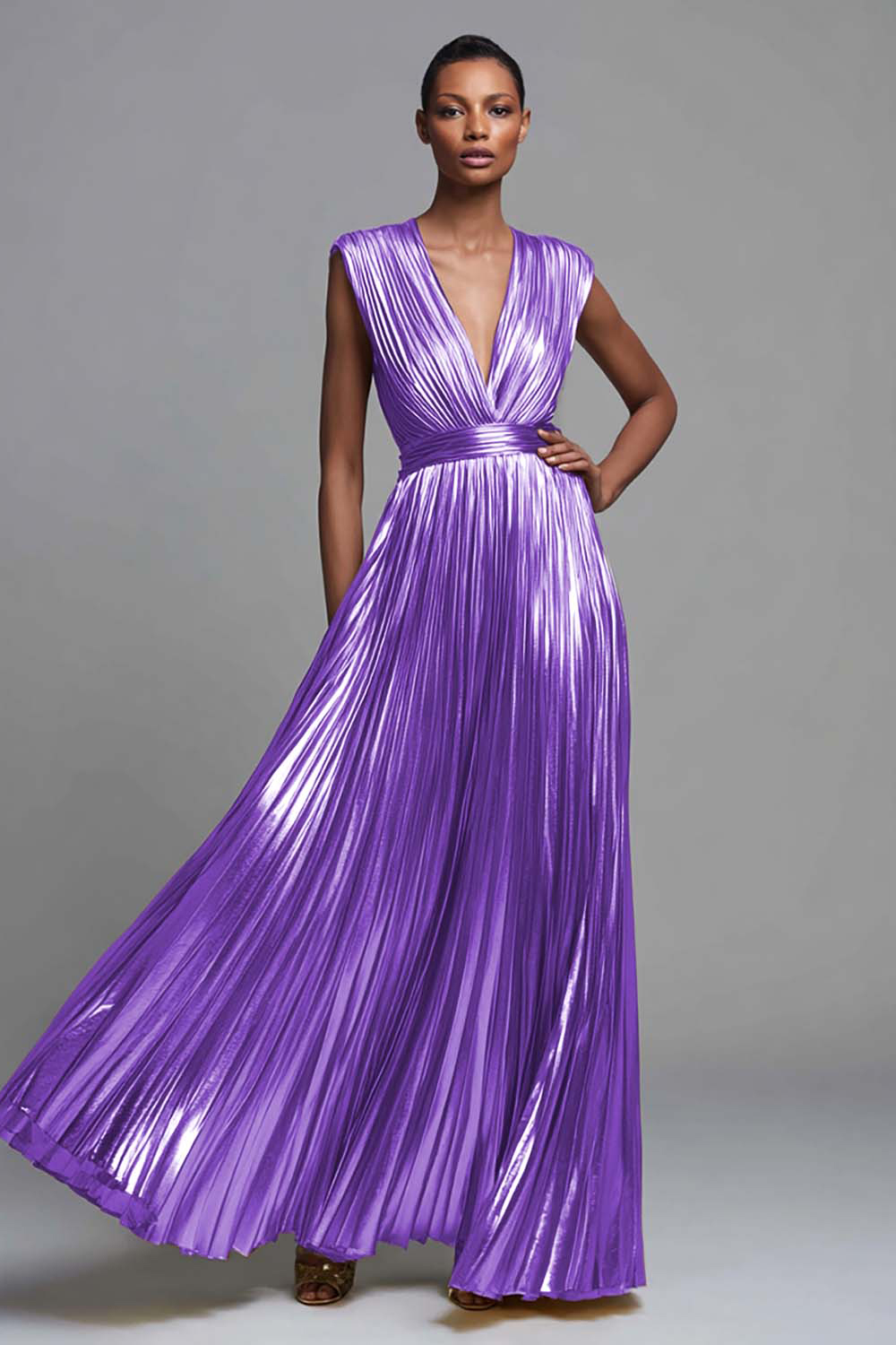 Metallic Gold Deep V-Neck Pleated A Line Long Holiday Party Dress