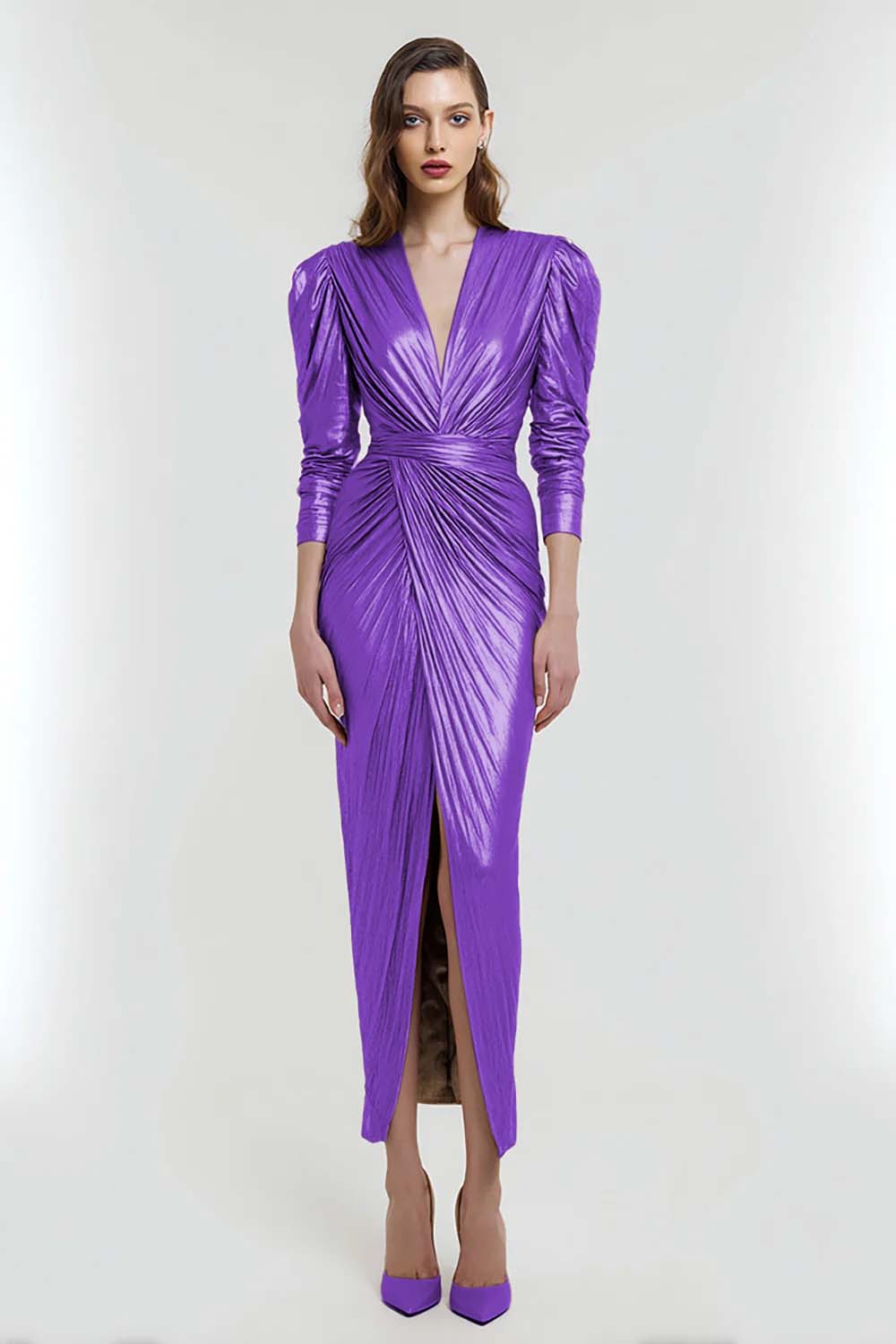 Light Gold V-Neck Sheath Metallic Long Evening Dress with Sleeves