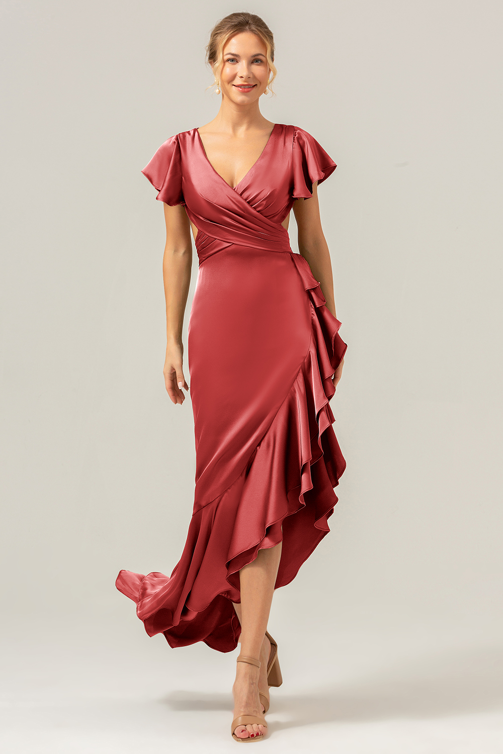 Elegant Asymmetrical Midi Formal Dress with Bow Back
