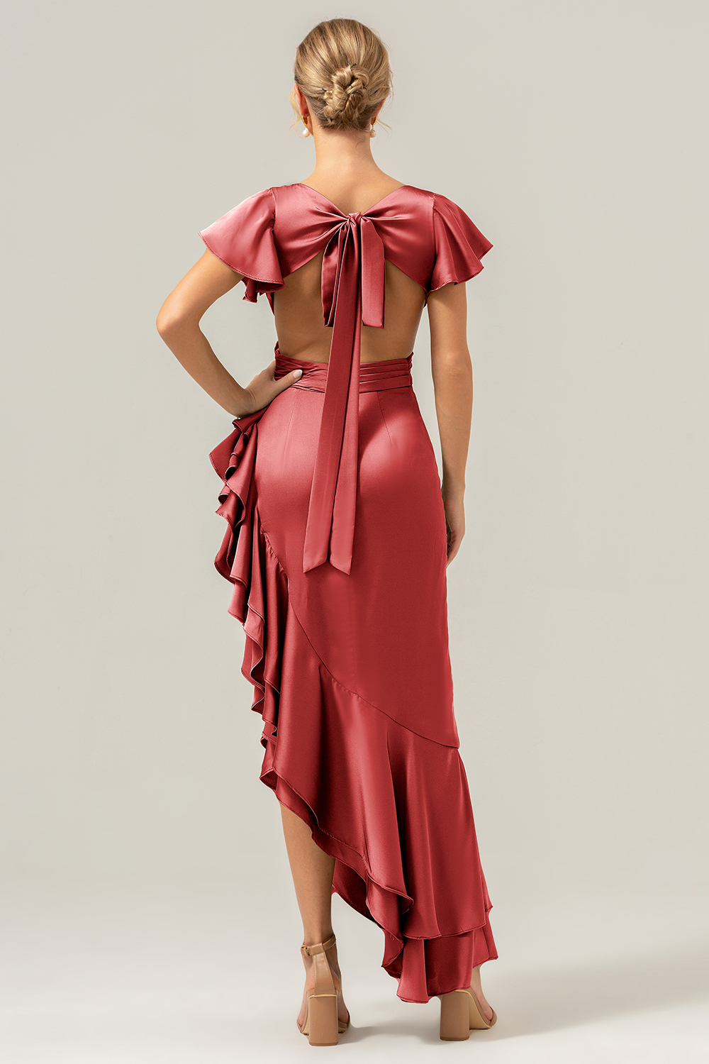 Elegant Asymmetrical Midi Formal Dress with Bow Back