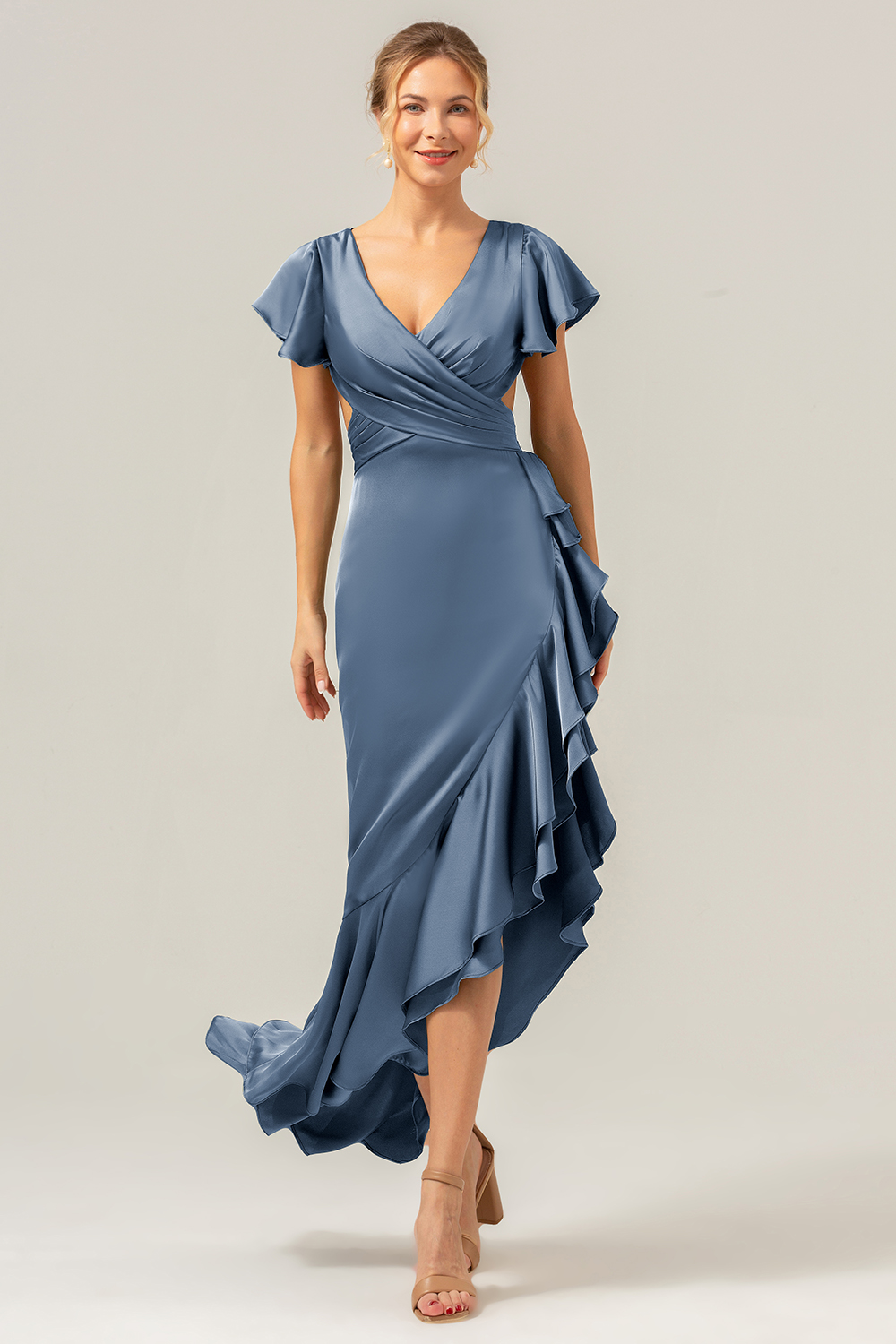 Elegant Asymmetrical Midi Formal Dress with Bow Back