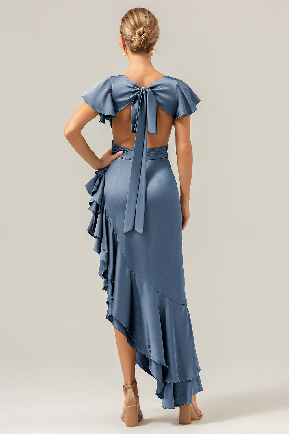 Elegant Asymmetrical Midi Formal Dress with Bow Back