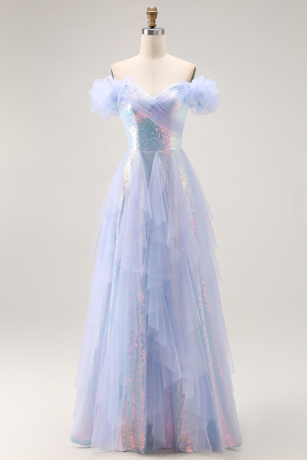 Sparkly Light Blue A-Line Off the Shoulder Long Sequin Prom Dress with Ruffles