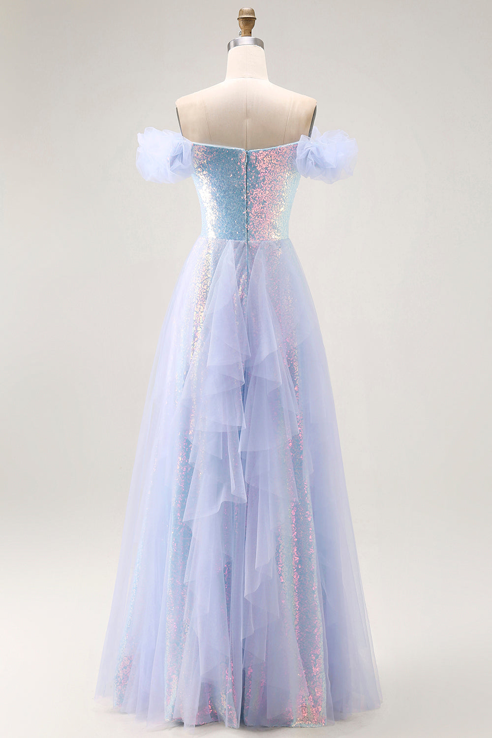 Sparkly Light Blue A-Line Off the Shoulder Long Sequin Prom Dress with Ruffles