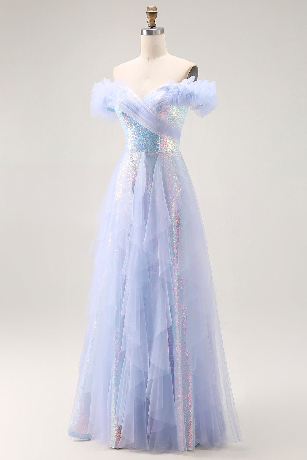 Sparkly Light Blue A-Line Off the Shoulder Long Sequin Prom Dress with Ruffles