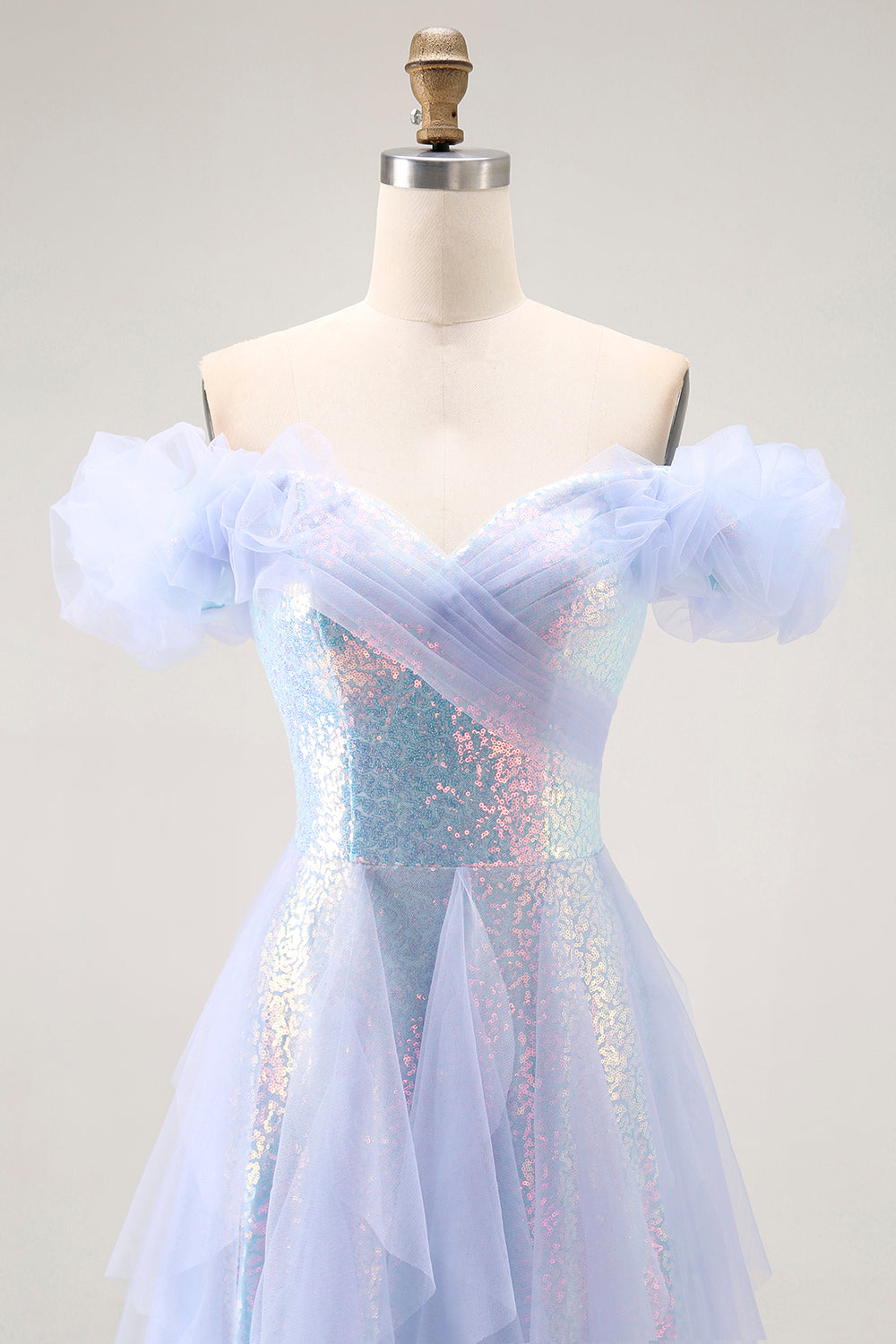 Sparkly Light Blue A-Line Off the Shoulder Long Sequin Prom Dress with Ruffles