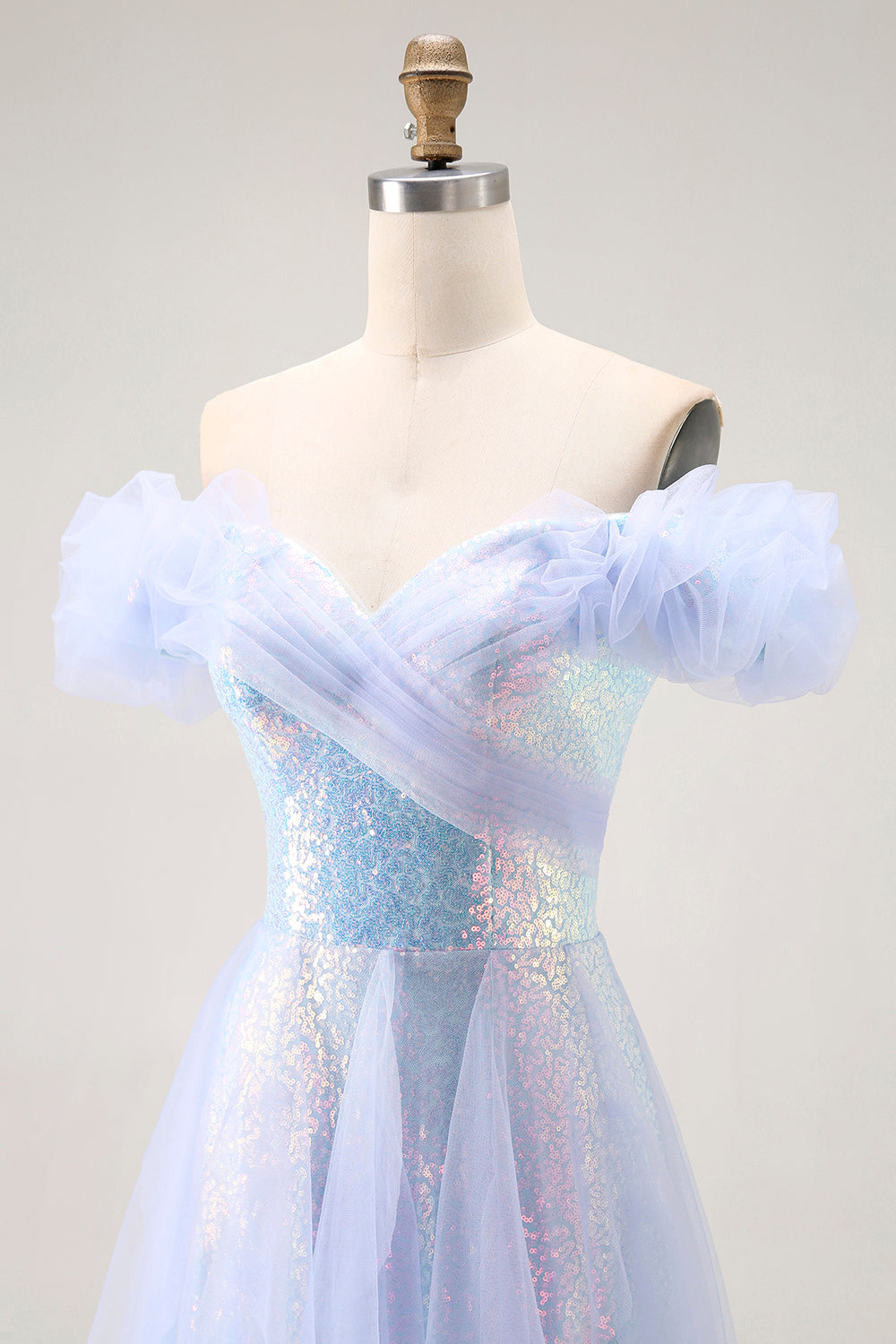 Sparkly Light Blue A-Line Off the Shoulder Long Sequin Prom Dress with Ruffles