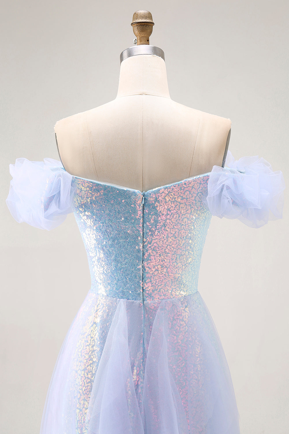 Sparkly Light Blue A-Line Off the Shoulder Long Sequin Prom Dress with Ruffles