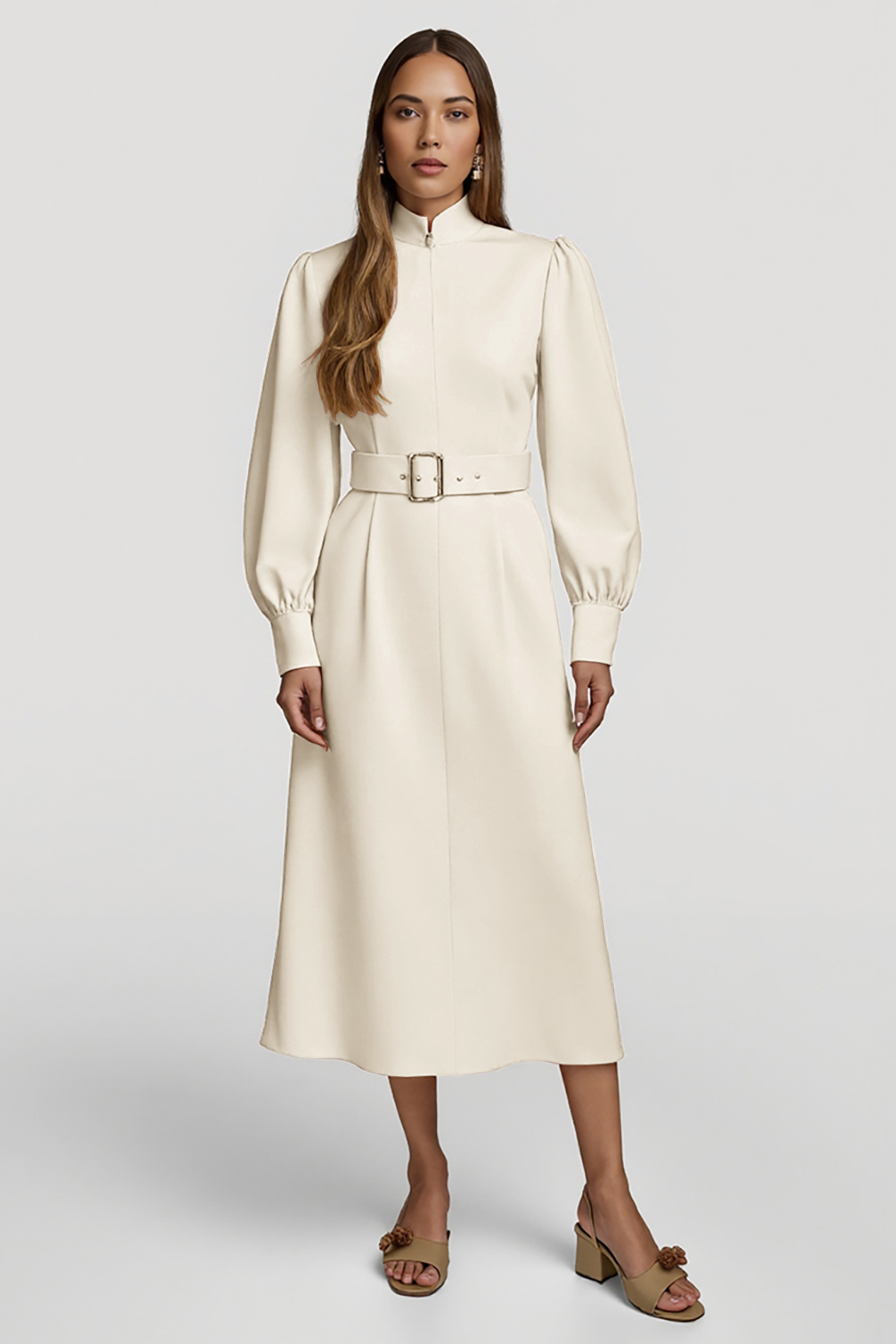 Grey Pink Pencil High Neck Midi Satin Work Dress with Belts