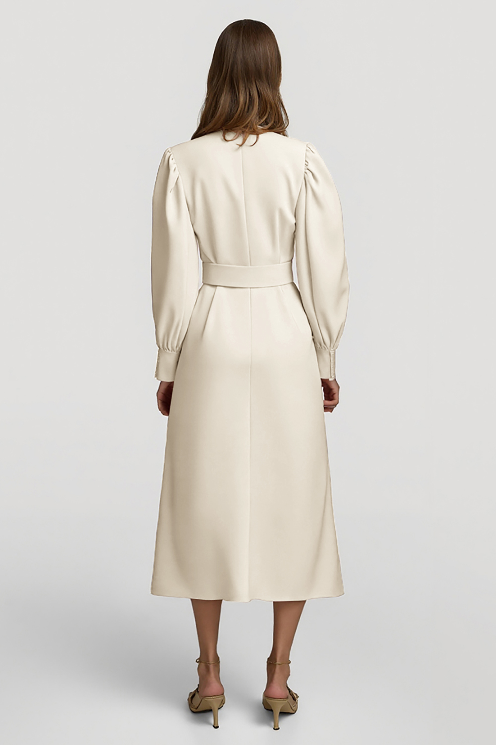 Grey Pink Pencil High Neck Midi Satin Work Dress with Belts