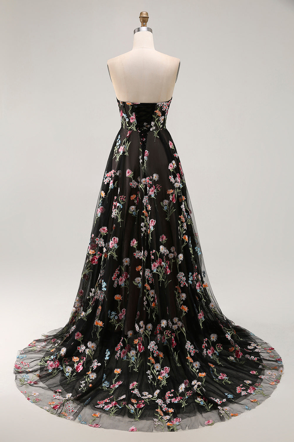 Floral Black Strapless A-Line Long Prom Dress