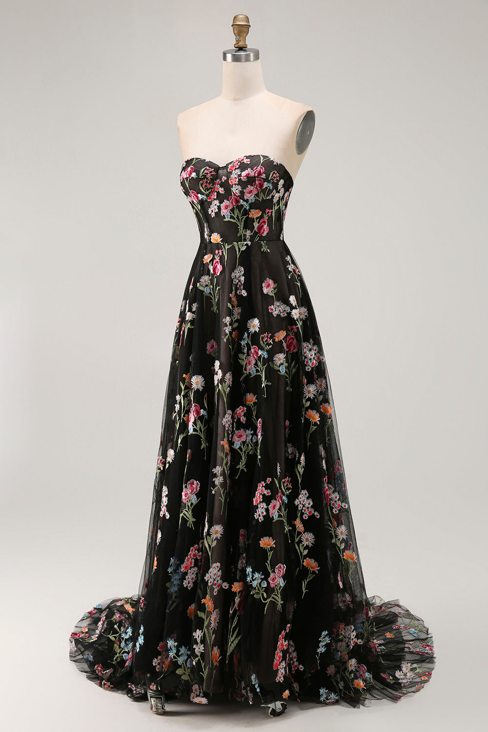 Floral Black Strapless A-Line Long Prom Dress