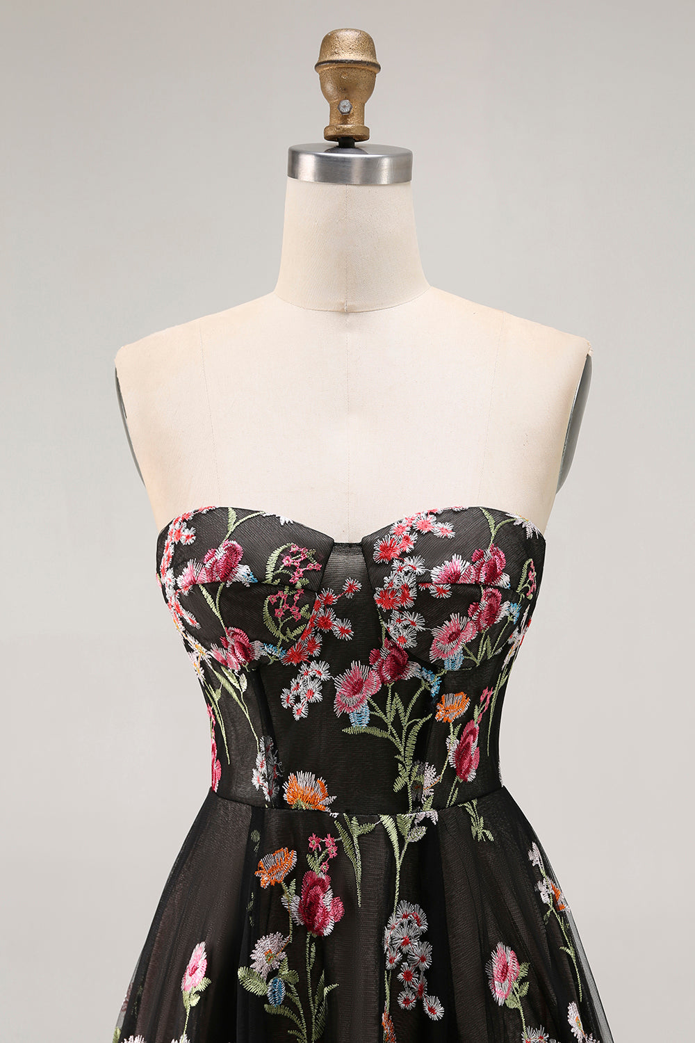 Floral Black Strapless A-Line Long Prom Dress