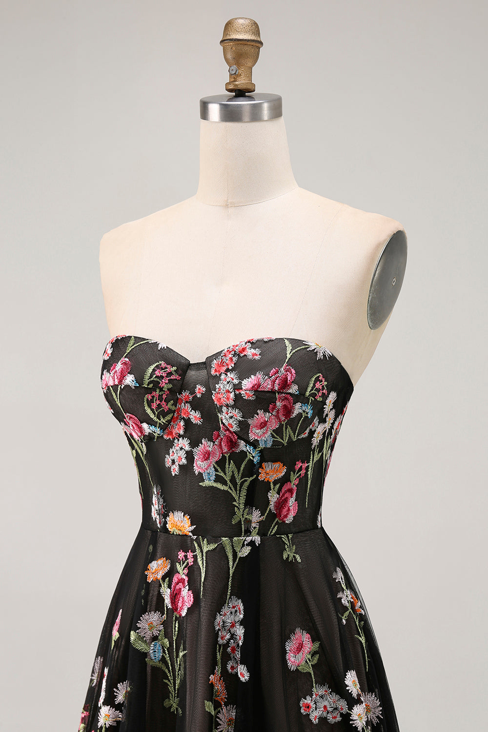 Floral Black Strapless A-Line Long Prom Dress