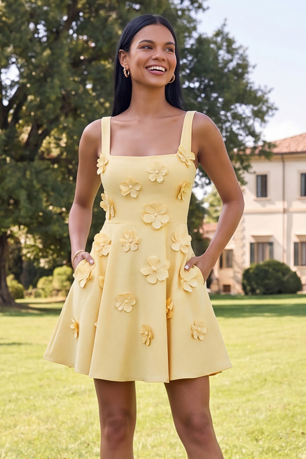 Ivory Square Neck A Line Floral Short Homecoming Dress with Pockets
