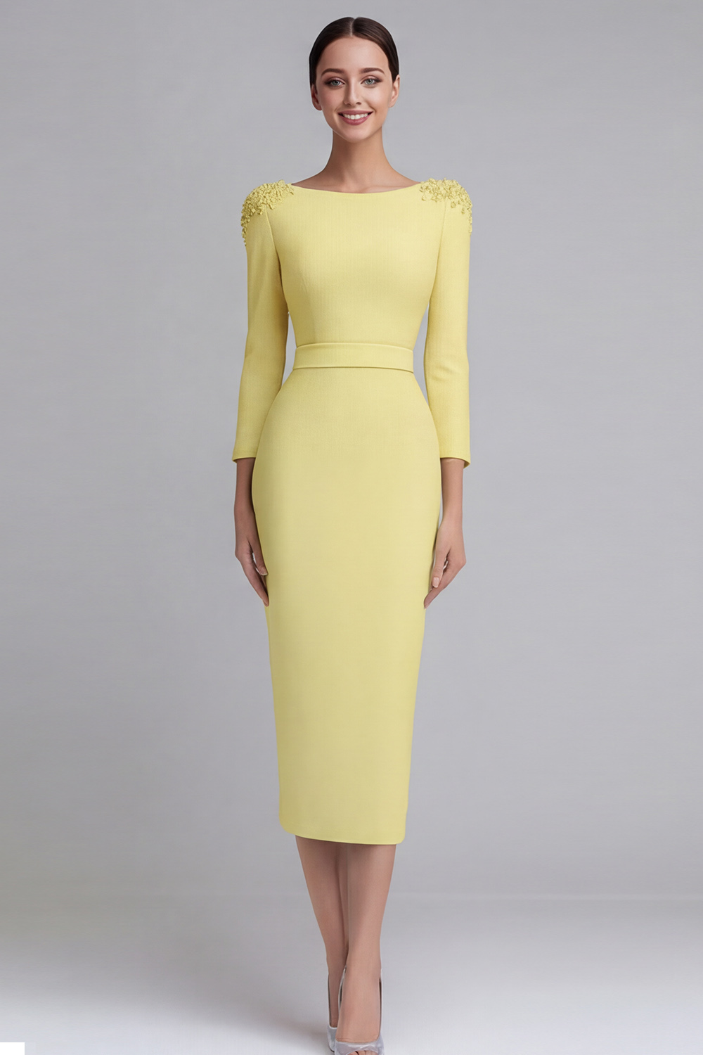 Simple Light Blue Boat Neck Pencil Appliqued Midi Work Dress with Sleeves