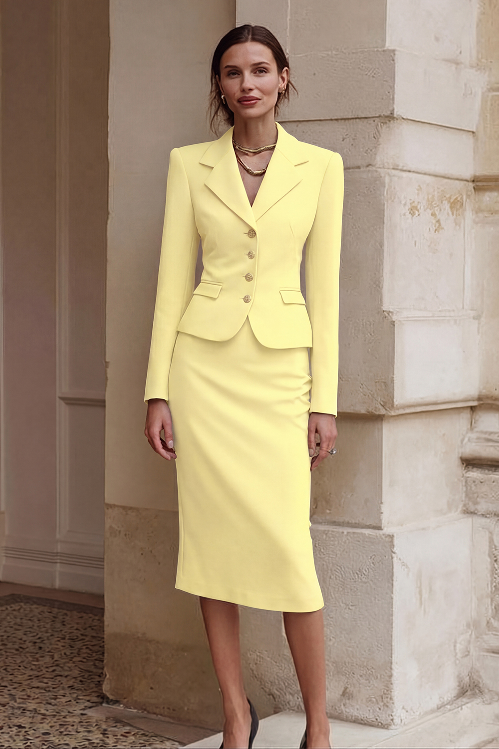 2 Piece Black Single Breasted Pencil Midi Business Suits