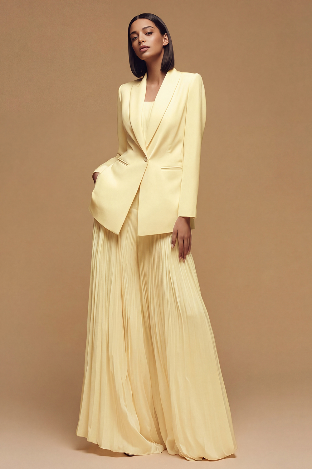 Ivory Pleated Peak Lapel Long Business Jacket