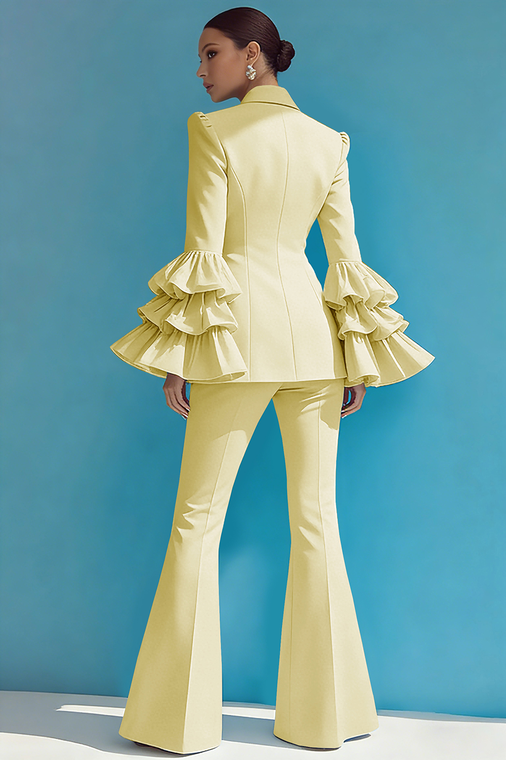 2 Piece Blue Notched Lapel One Button Ruffled Long Sleeves Business Suits