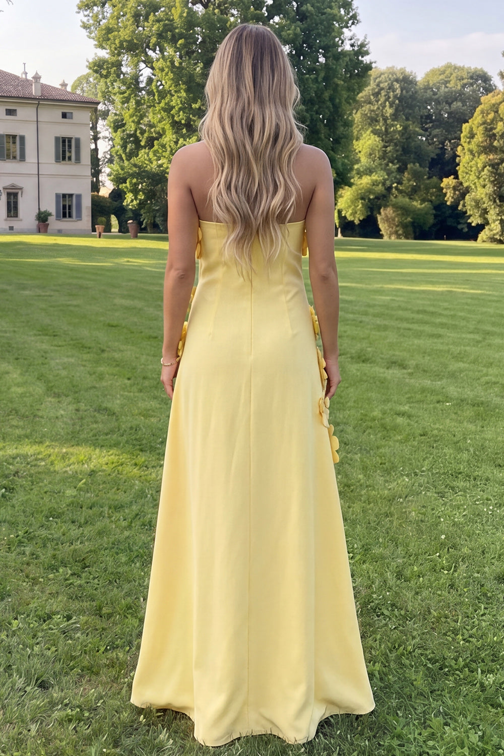 Yellow Strapless A Line Floral Maxi Wedding Guest Dress