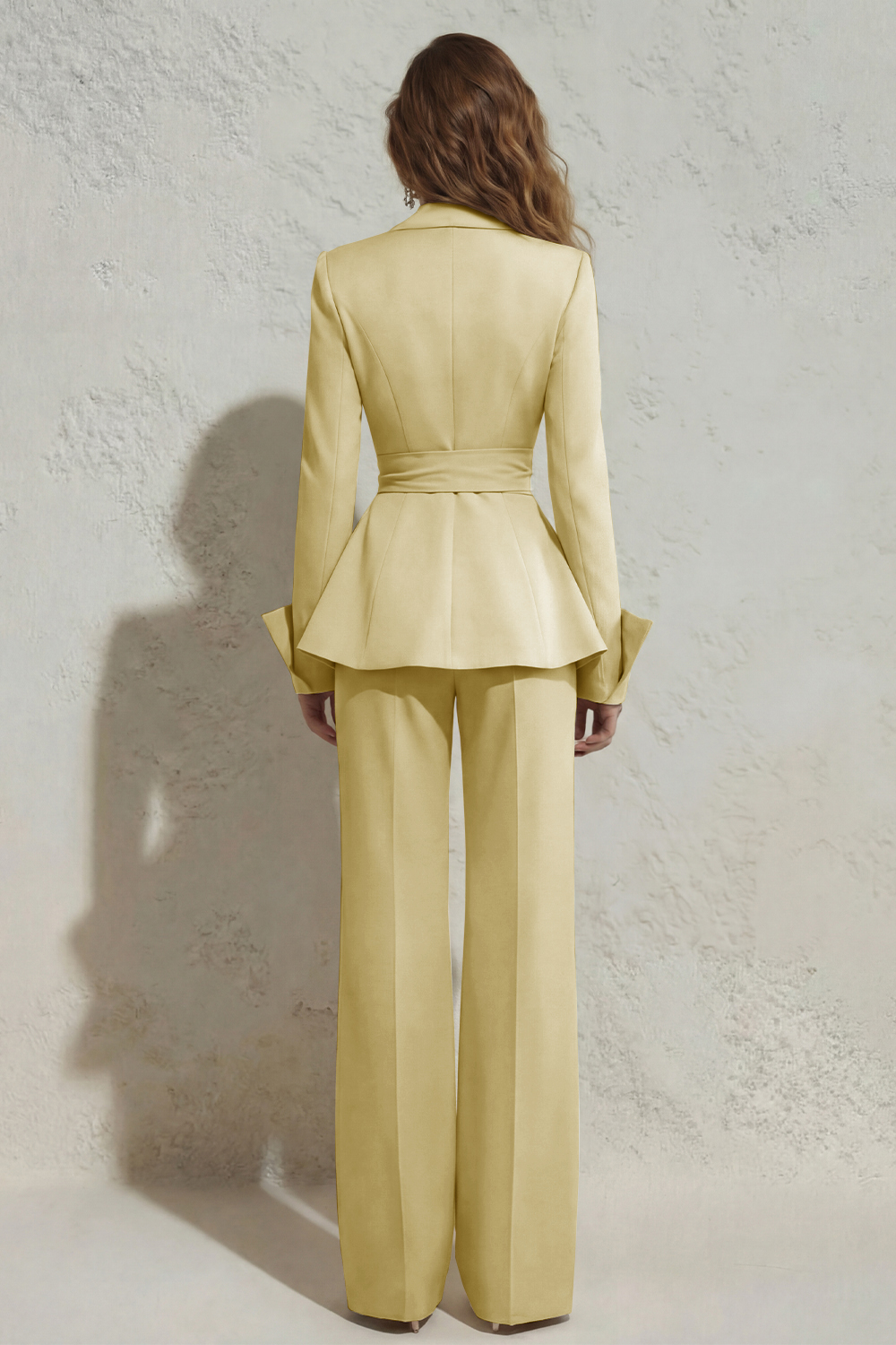 Ivory 2 Piece Wide Leg Peak Lapel Long Business Suits with Sash