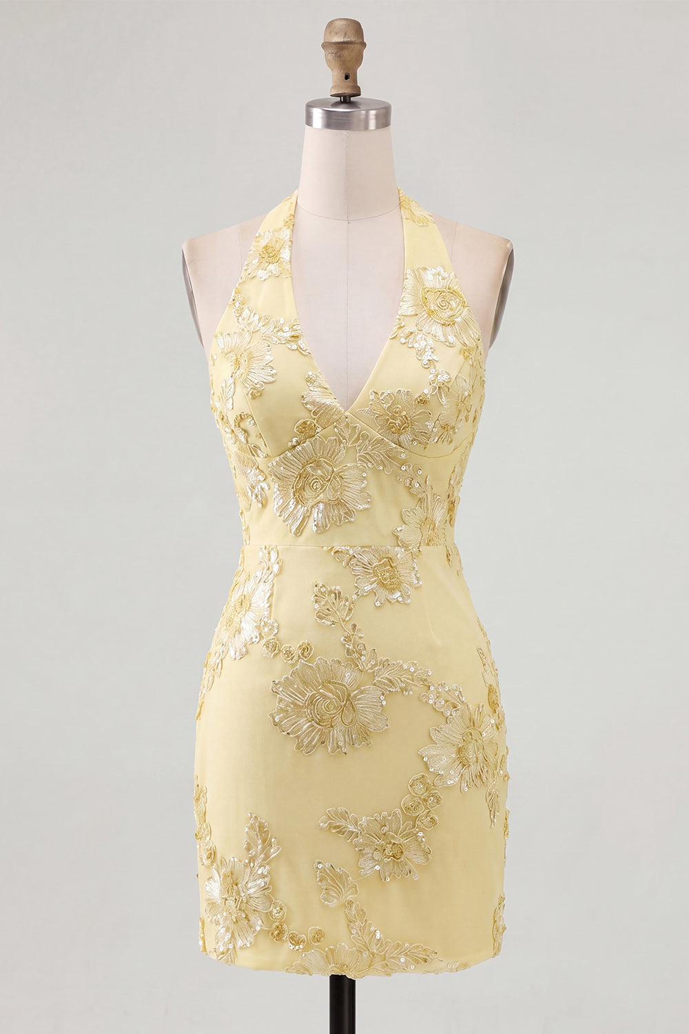 Sage Green Floral Halter Short Backless Tight Homecoming Dress