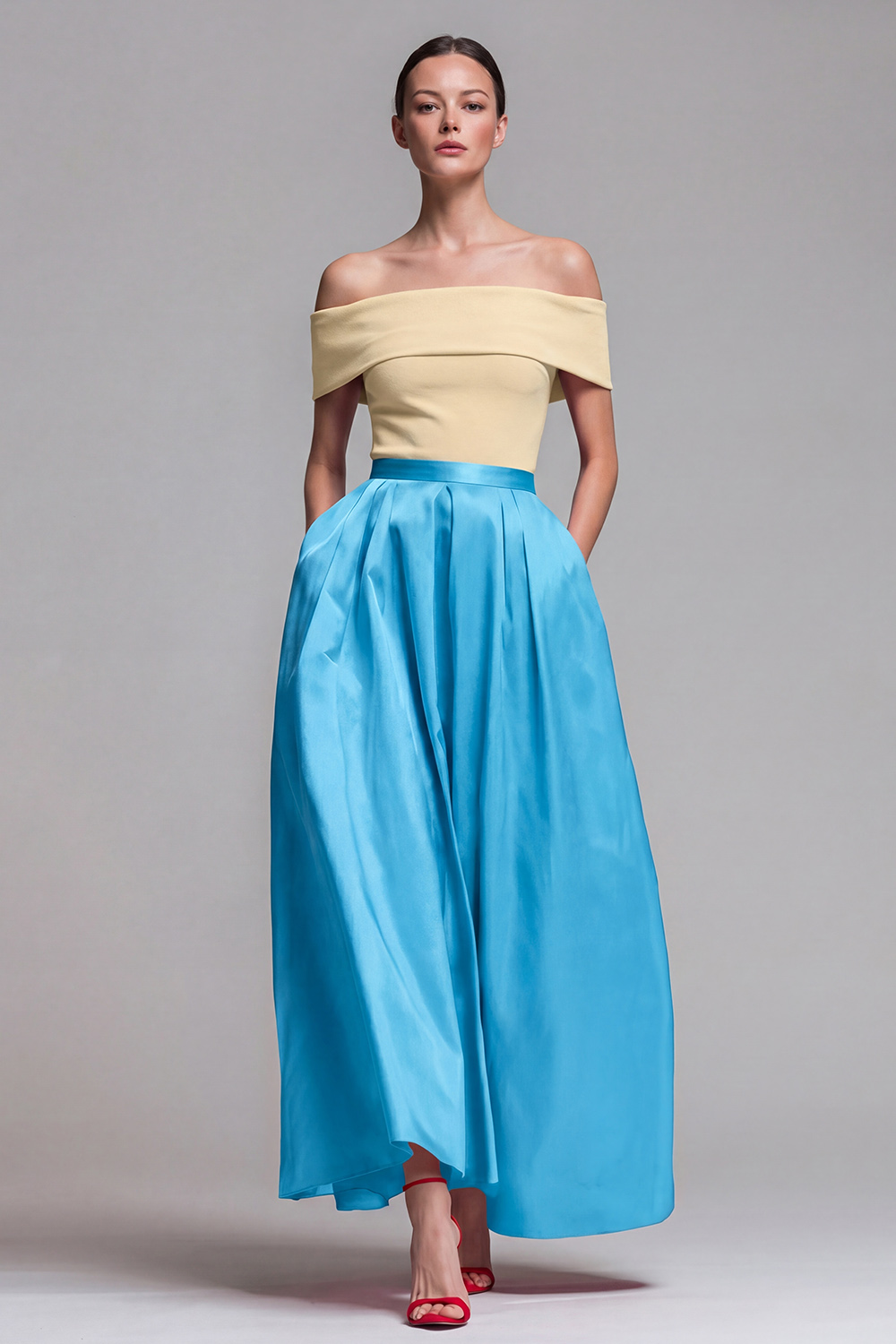 Fuchsia and Red A Line Patchwork Off the Shoulder Maxi Evening Dress with Pockets