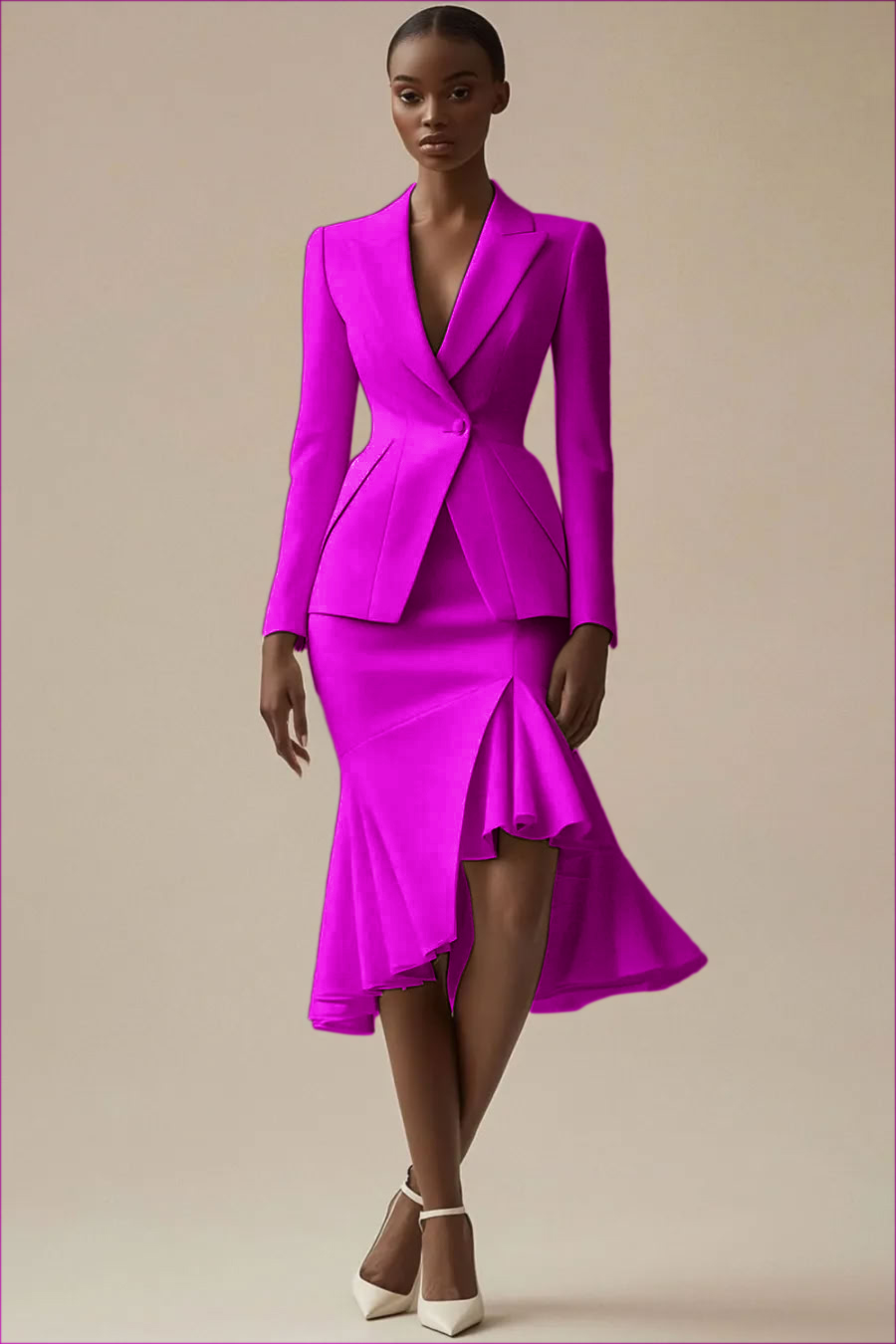 Ivory Satin 2 Piece Peak Lapel Bodycon Midi Business Suits