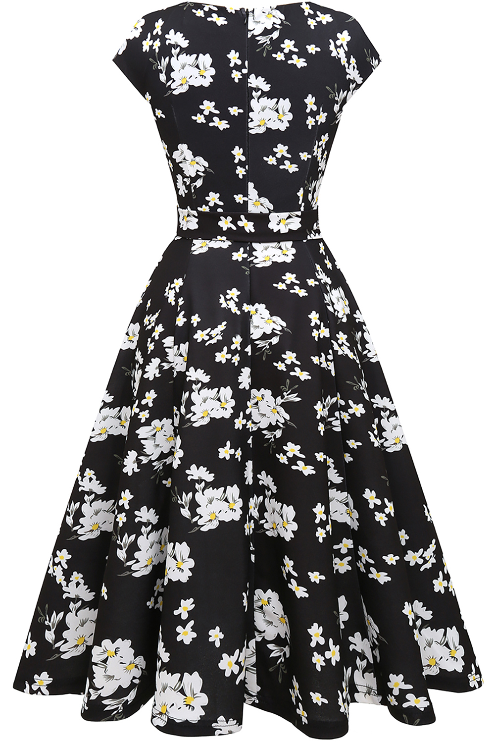 Black White Flower 2024 Women's Floral Cocktail, Tea Length Wedding Guest Dresses - Vintage, Graduation, Prom & Bridesmaid with Cap Sleeves