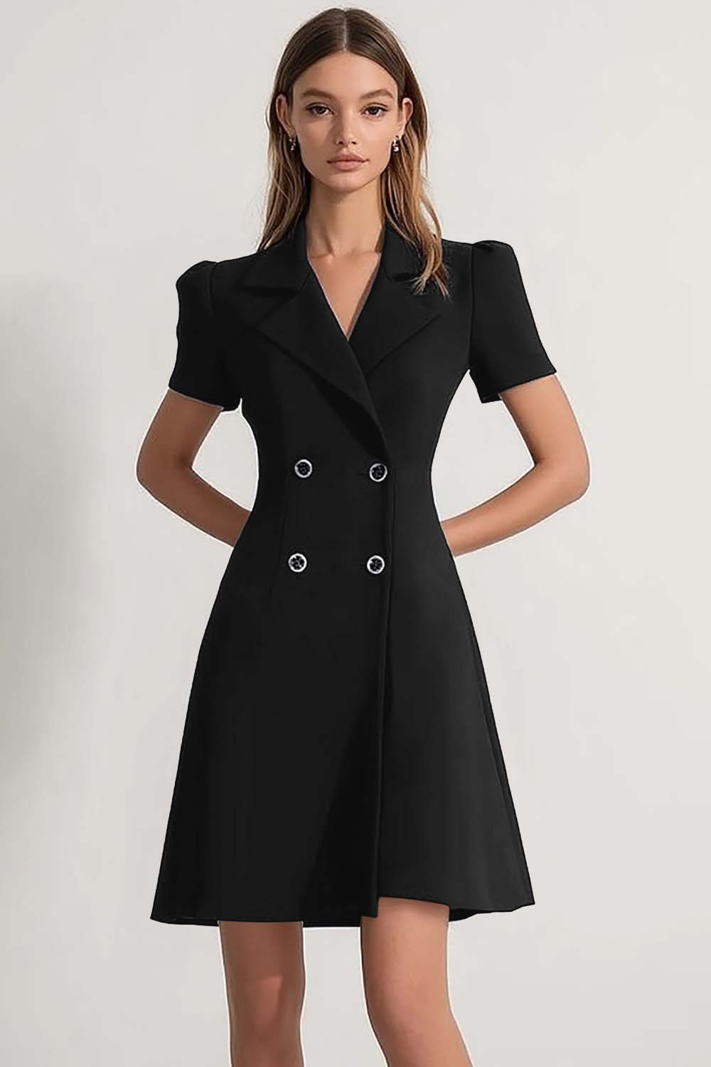 Navy Notched Lapel A Line Double Breasted Short Work Blazer Dress