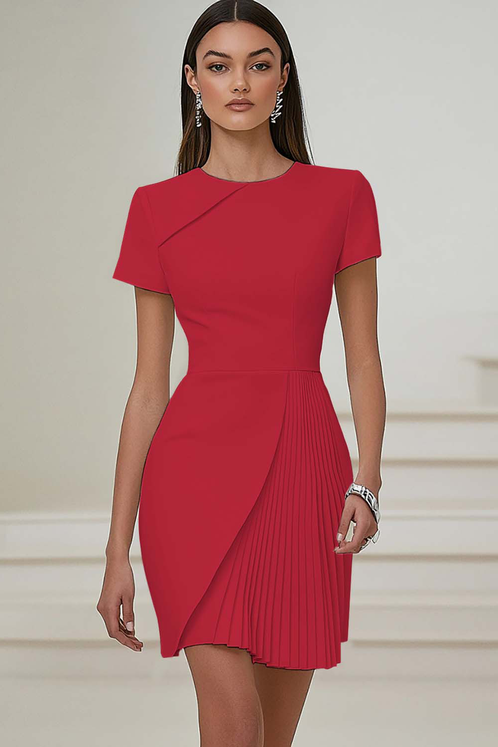 Simple White Satin Bodycon Pleated Short Sleeves Work Dress