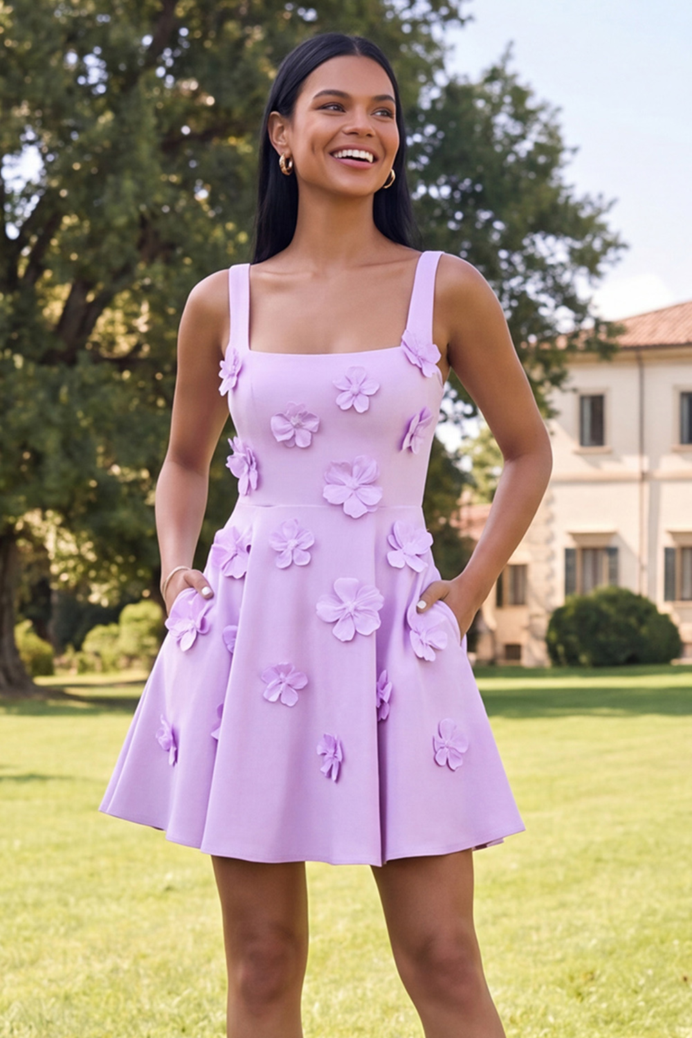Ivory Square Neck A Line Floral Short Homecoming Dress with Pockets