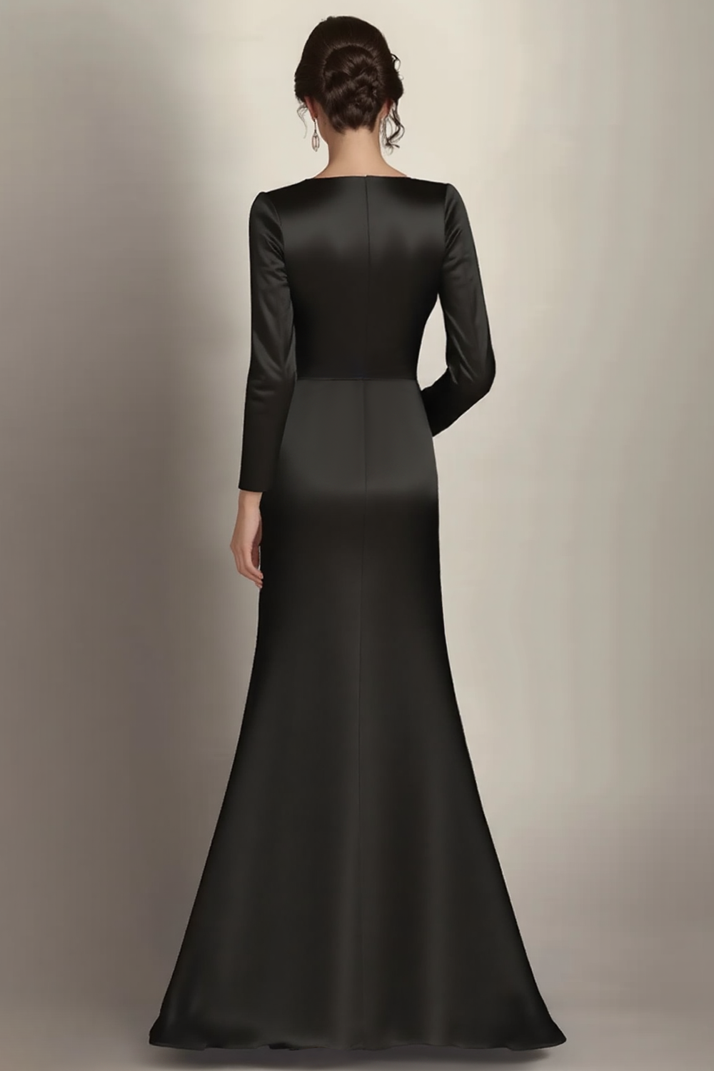 Elegant Black Satin Sheath Long Sleeves Mother of the Bride Dress