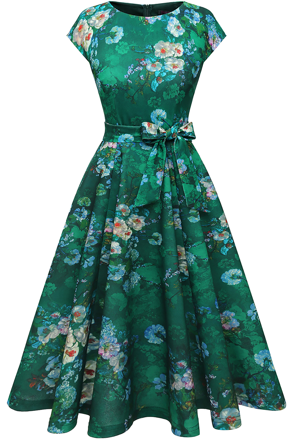 Green Flower 2024 Women's Floral Cocktail, Tea Length Wedding Guest Dresses - Vintage, Graduation, Prom & Bridesmaid with Cap Sleeves