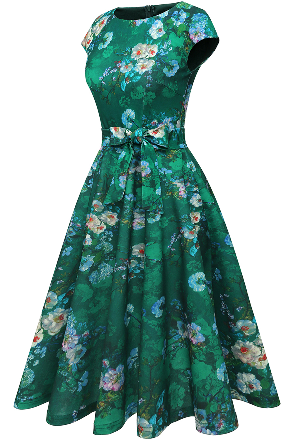 Green Flower 2024 Women's Floral Cocktail, Tea Length Wedding Guest Dresses - Vintage, Graduation, Prom & Bridesmaid with Cap Sleeves