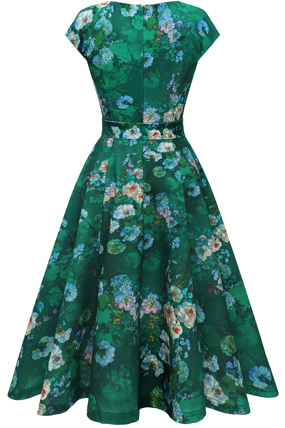 Green Flower 2024 Women's Floral Cocktail, Tea Length Wedding Guest Dresses - Vintage, Graduation, Prom & Bridesmaid with Cap Sleeves