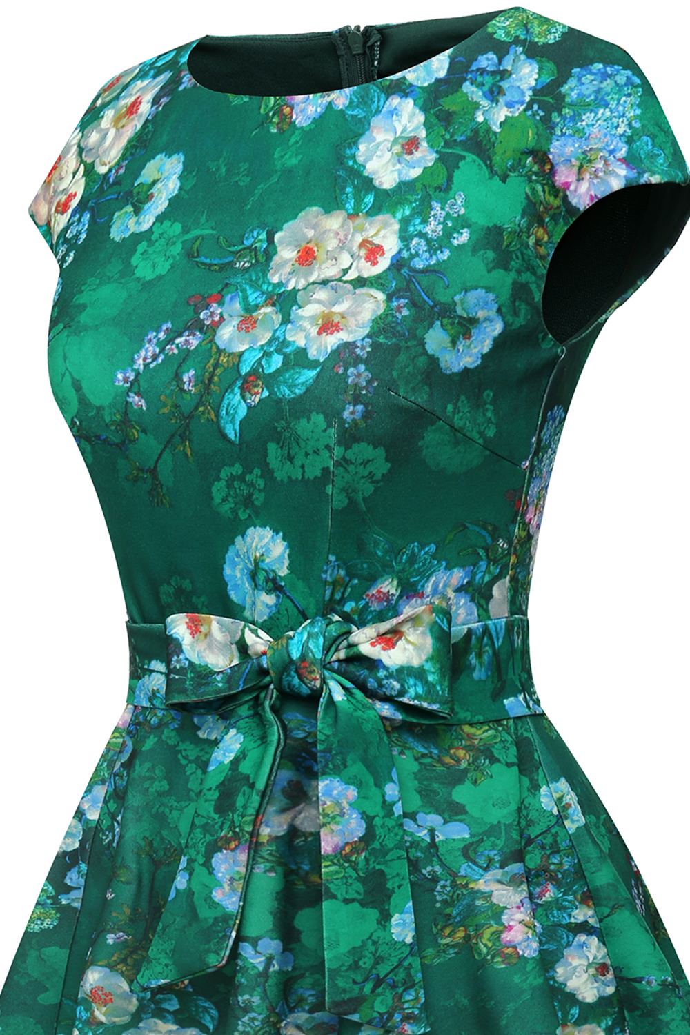 Green Flower 2024 Women's Floral Cocktail, Tea Length Wedding Guest Dresses - Vintage, Graduation, Prom & Bridesmaid with Cap Sleeves