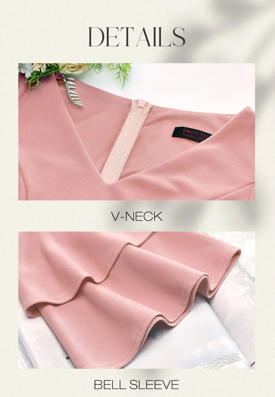 Blush Cocktail Dress for Women Elegant & Chic V-Neck Double Bell Sleeve Formal Modest Church Dress for Wedding Guest