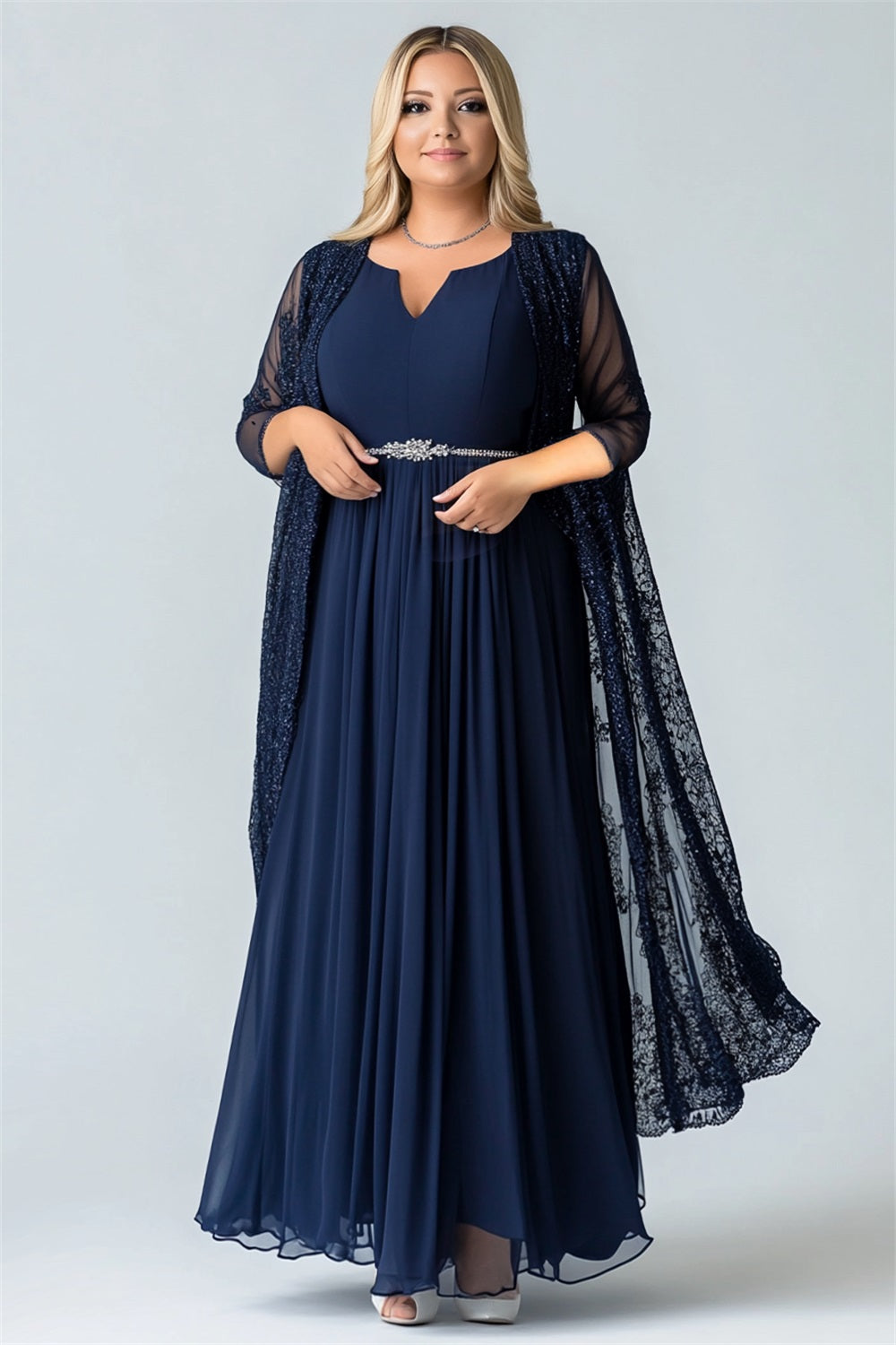 Sparkly Navy A Line Pleated Plus Size Mother of the Bride Dress with Jackets